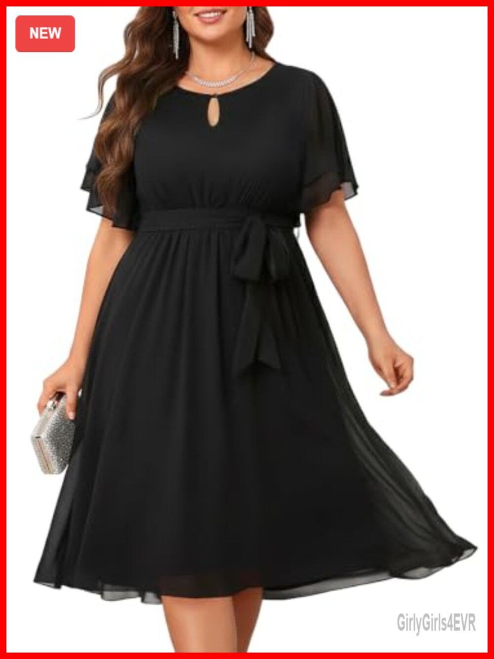 Plus Size Chiffon Cocktail Midi Dress Keyhole Neck Flutter Sleeve Wedding Guest